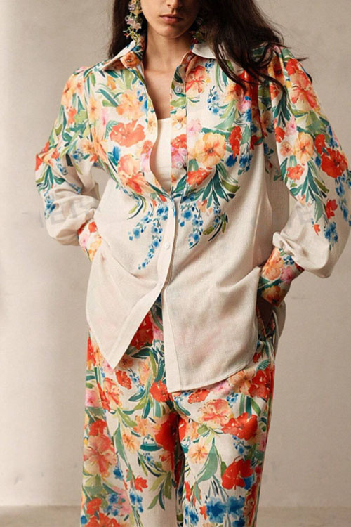 Nonnadress Floral Print Women's Shirt & Pants Holiday Set
