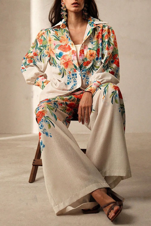 Nonnadress Floral Print Women's Shirt & Pants Holiday Set