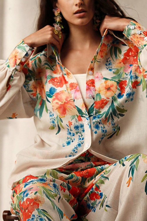 Nonnadress Floral Print Women's Shirt & Pants Holiday Set