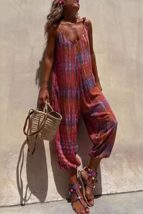 Nonnadress V-neck Floral Print Loose-fitting Tie-waist Jumpsuit