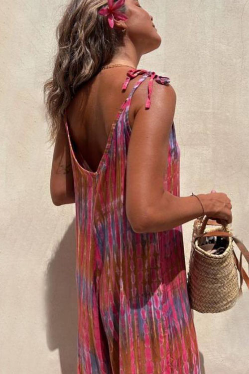 Nonnadress V-neck Floral Print Loose-fitting Tie-waist Jumpsuit