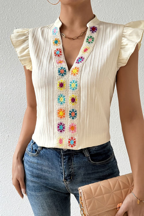 Nonnadress Floral Handmade Crochet V-Neck Covered Sleeve Shirt