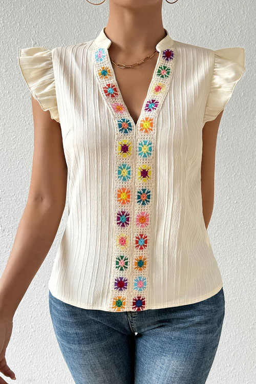 Nonnadress Floral Handmade Crochet V-Neck Covered Sleeve Shirt