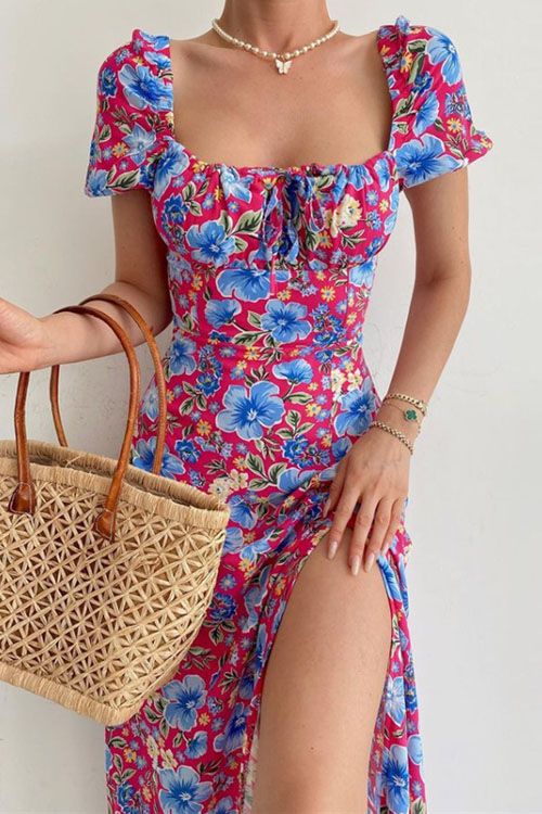 Nonnadress Resort Square Neck Bubble Sleeve French Split Dress