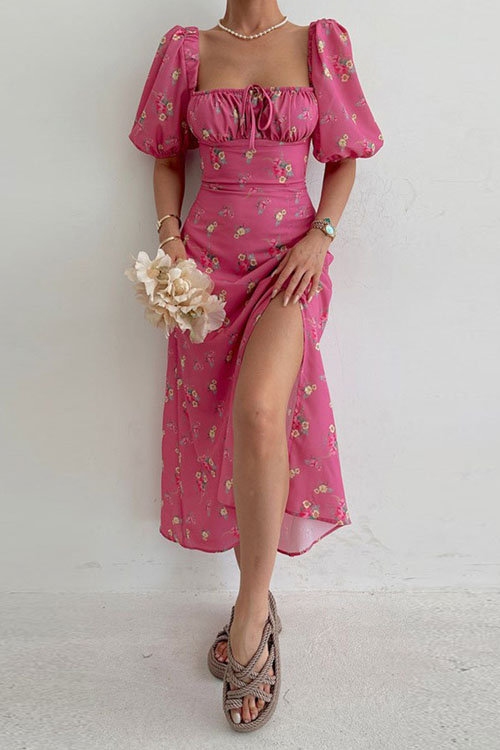 Nonnadress Resort Square Neck Bubble Sleeve French Split Dress