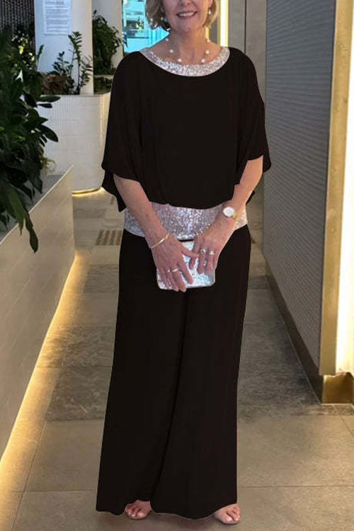 Nonnadress Round Neck Sequin Patchwork Batwing Top & Wide-leg Pants Set