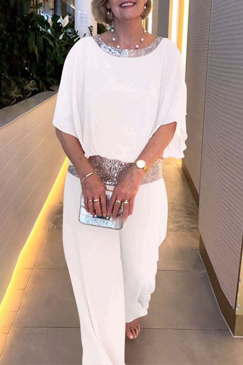 Nonnadress Round Neck Sequin Patchwork Batwing Top & Wide-leg Pants Set