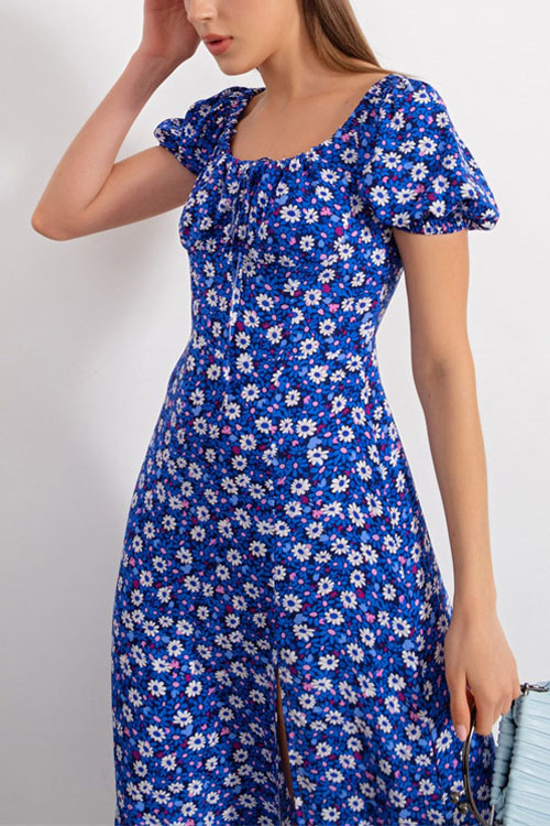 Nonnadress Resort Square Neck Bubble Sleeve French Split Dress