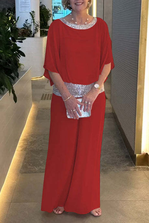 Nonnadress Round Neck Sequin Patchwork Batwing Top & Wide-leg Pants Set