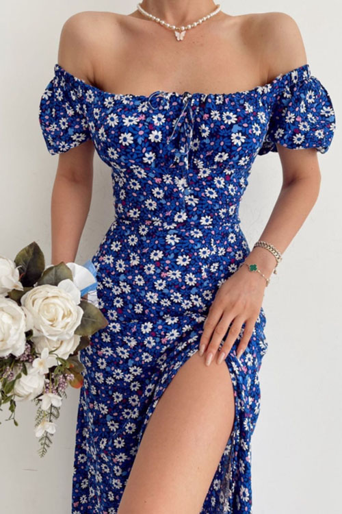 Nonnadress Resort Square Neck Bubble Sleeve French Split Dress