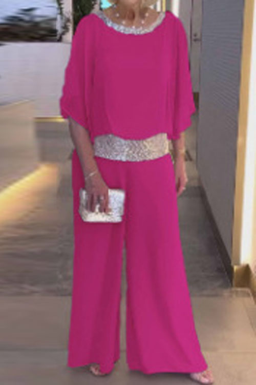 Nonnadress Round Neck Sequin Patchwork Batwing Top & Wide-leg Pants Set