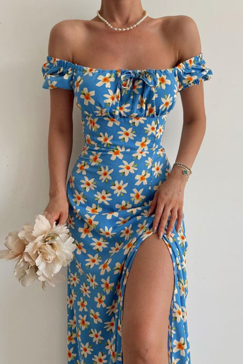 Nonnadress Resort Square Neck Bubble Sleeve French Split Dress