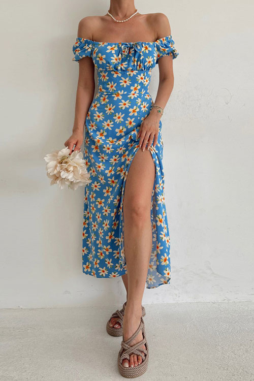 Nonnadress Resort Square Neck Bubble Sleeve French Split Dress