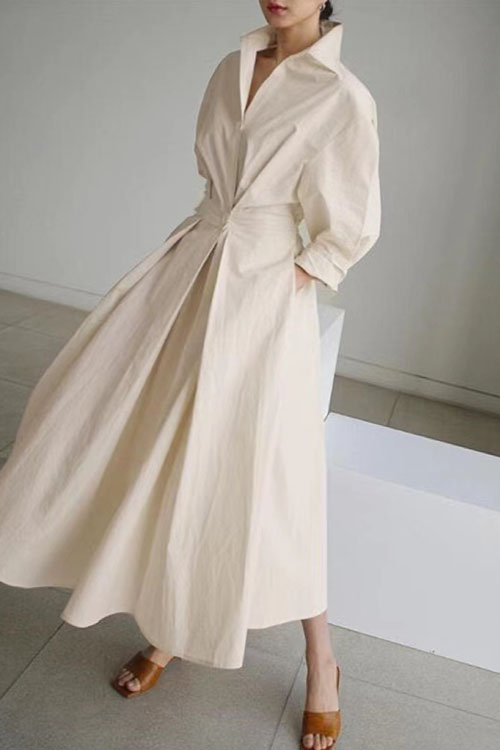 Nonnadress Cotton & Linen Polo Collar Elastic Waist Dress