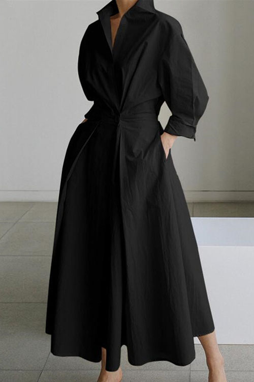 Nonnadress Cotton & Linen Polo Collar Elastic Waist Dress