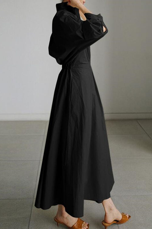 Nonnadress Cotton & Linen Polo Collar Elastic Waist Dress