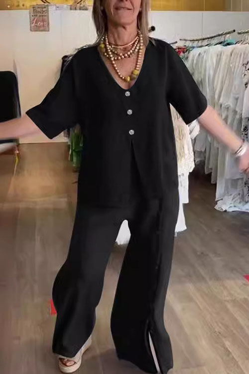 Nonnadress Casual Short-Sleeve Buttoned Slit Cotton Linen Set