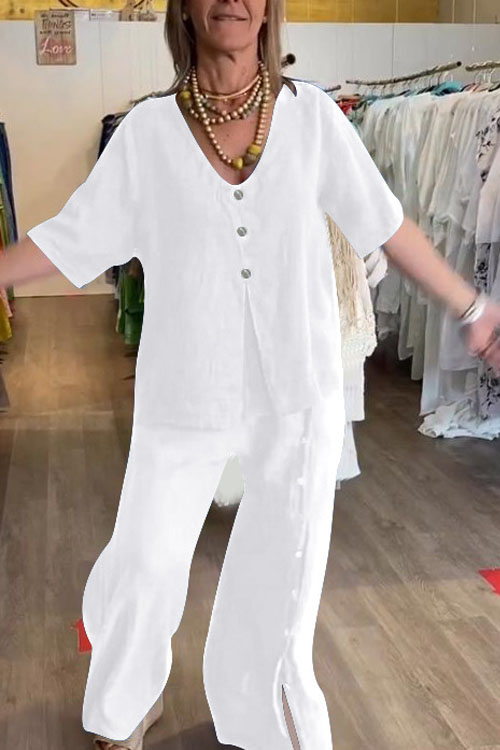 Nonnadress Casual Short-Sleeve Buttoned Slit Cotton Linen Set