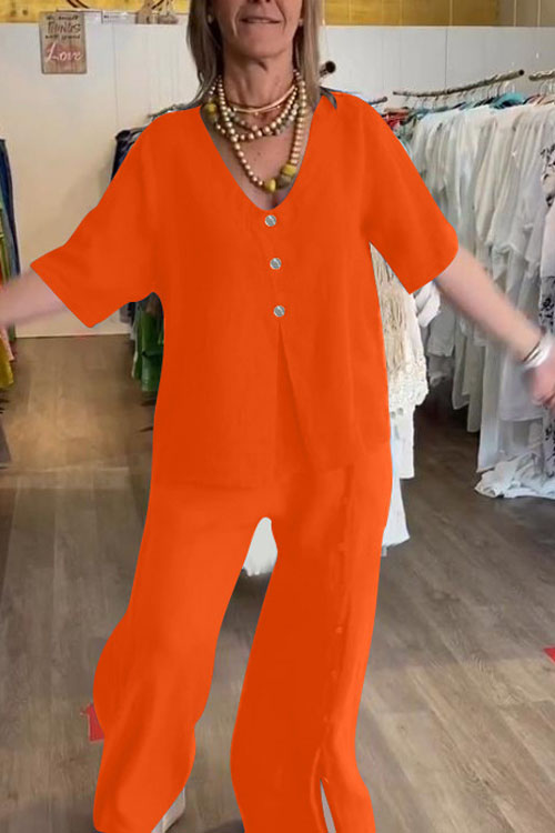 Nonnadress Casual Short-Sleeve Buttoned Slit Cotton Linen Set