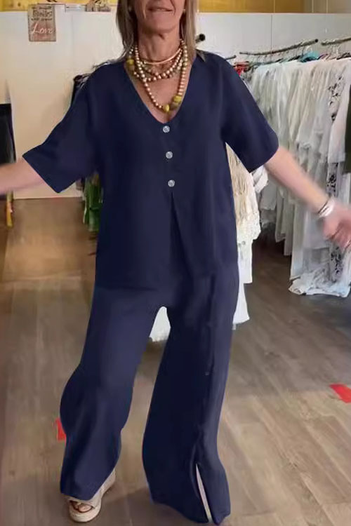 Nonnadress Casual Short-Sleeve Buttoned Slit Cotton Linen Set