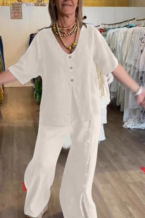 Nonnadress Casual Short-Sleeve Buttoned Slit Cotton Linen Set