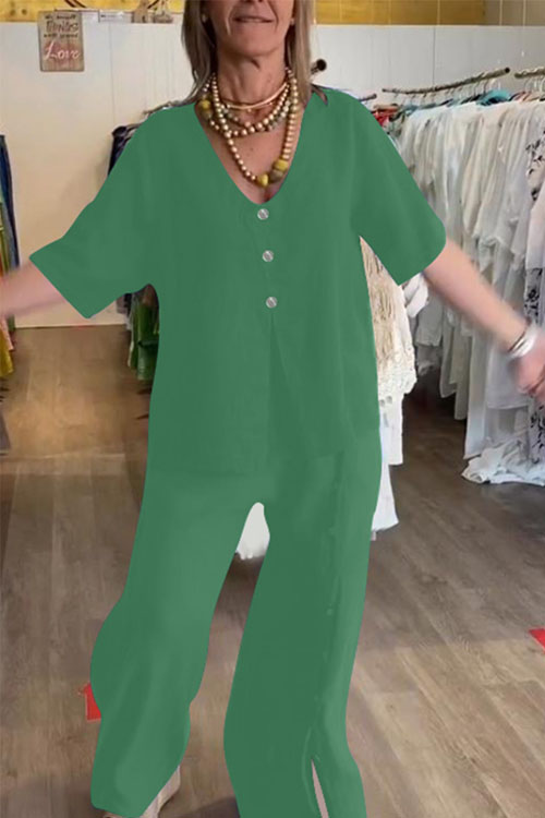 Nonnadress Casual Short-Sleeve Buttoned Slit Cotton Linen Set