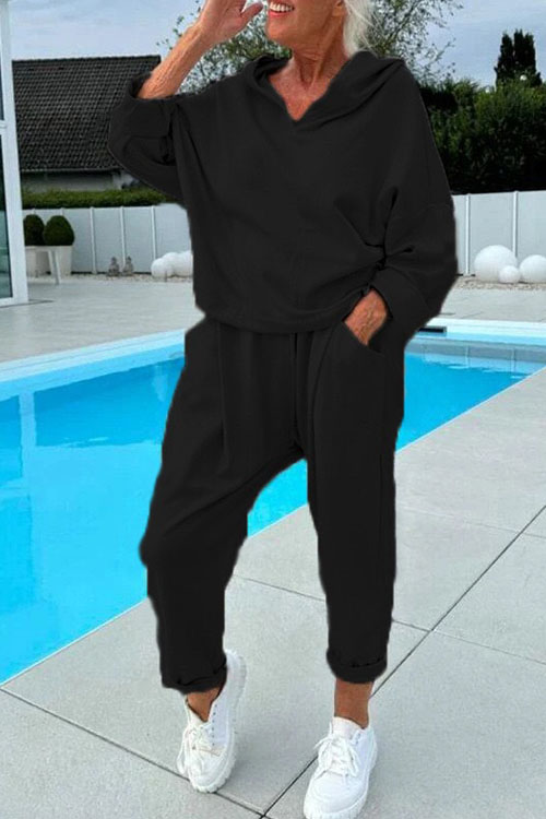 Nonnadress Solid Color Hooded Sweatshirt Two-piece Set