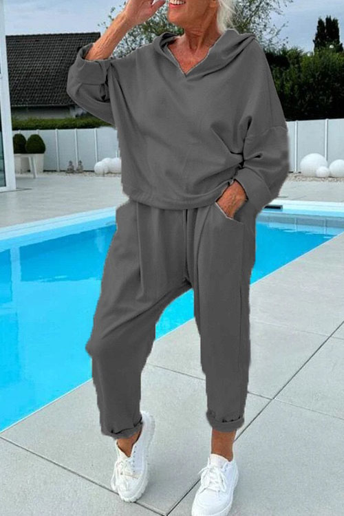 Nonnadress Solid Color Hooded Sweatshirt Two-piece Set