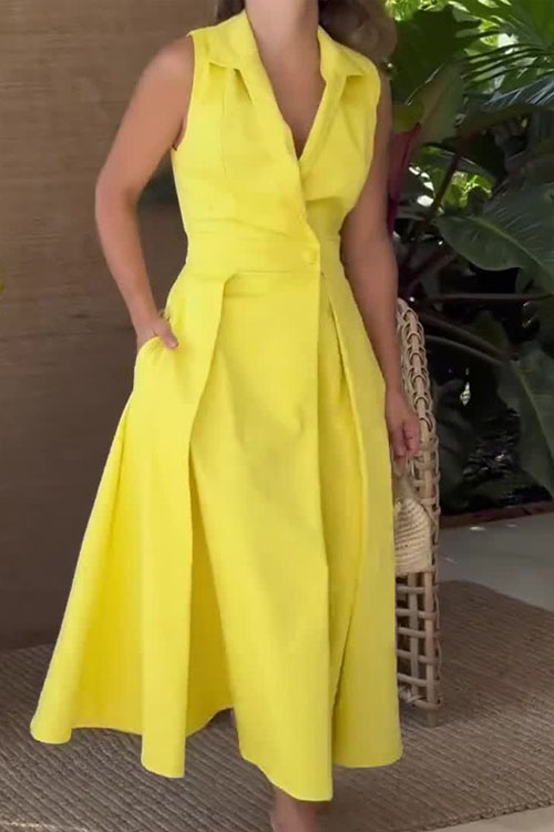 Nonnadress V-Neck Sleeveless Solid Color Lapel Pleated Elegant Long Dress