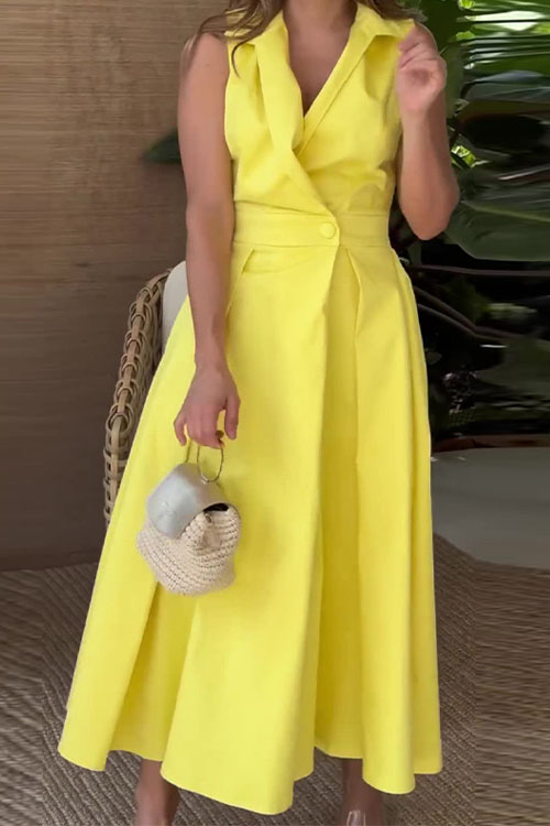 Nonnadress V-Neck Sleeveless Solid Color Lapel Pleated Elegant Long Dress