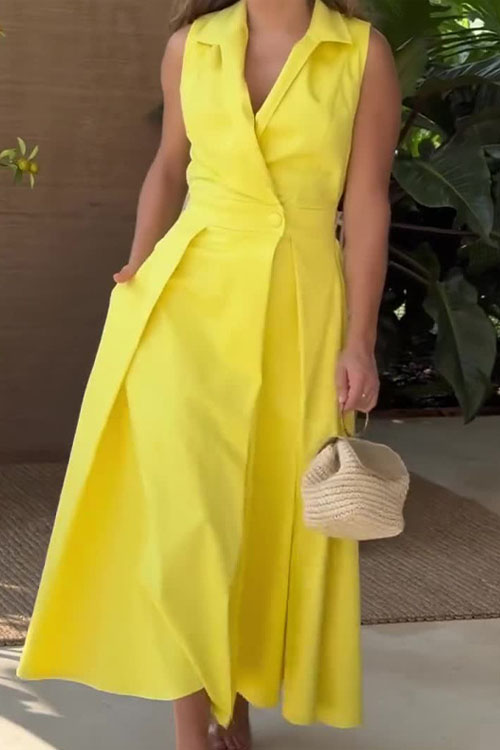 Nonnadress V-Neck Sleeveless Solid Color Lapel Pleated Elegant Long Dress