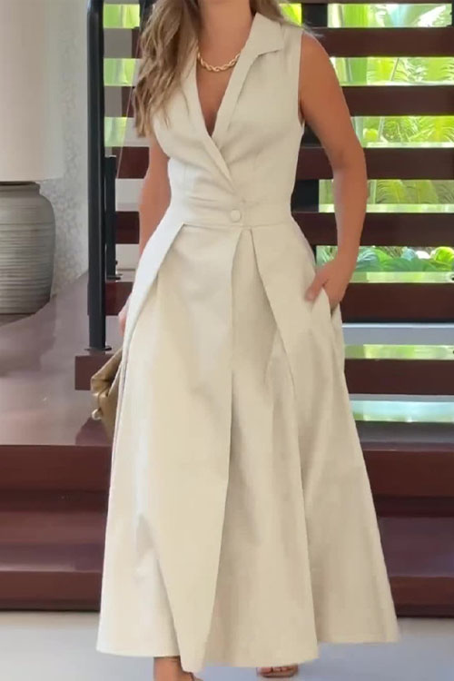 Nonnadress V-Neck Sleeveless Solid Color Lapel Pleated Elegant Long Dress