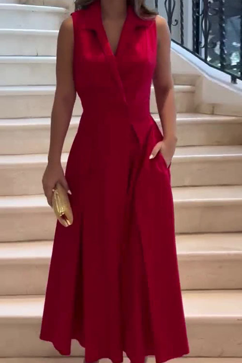 Nonnadress V-Neck Sleeveless Solid Color Lapel Pleated Elegant Long Dress