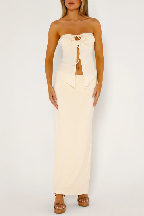 Nonnadress Mesh Double-Layer Slit Strapless Tank Top & Long Skirt Set