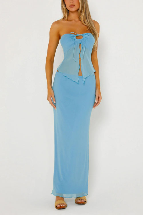 Nonnadress Mesh Double-Layer Slit Strapless Tank Top & Long Skirt Set