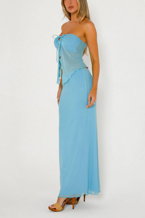 Nonnadress Mesh Double-Layer Slit Strapless Tank Top & Long Skirt Set