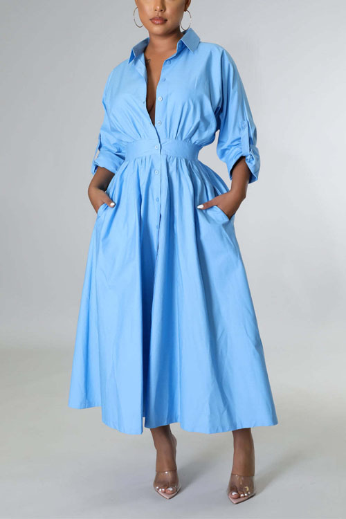 Nonnadress Shirt-Style Elastic Waist Loose Long Dress