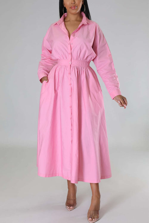 Nonnadress Shirt-Style Elastic Waist Loose Long Dress