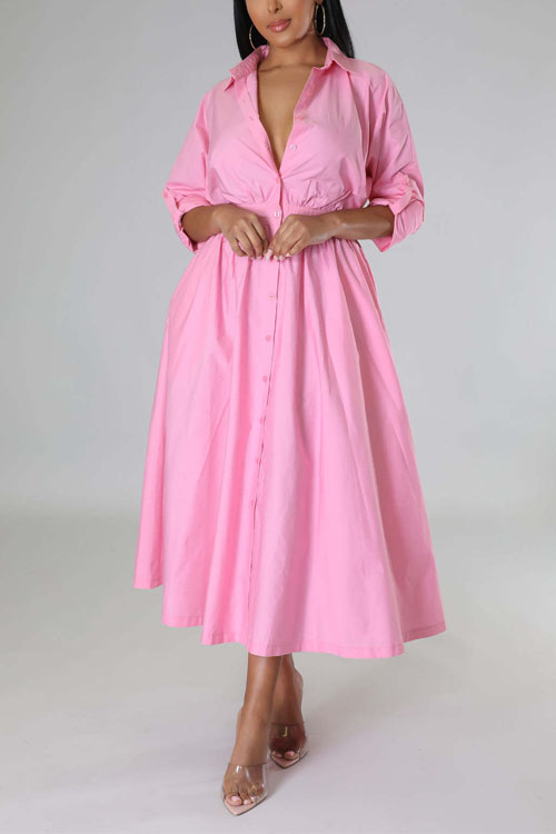 Nonnadress Shirt-Style Elastic Waist Loose Long Dress