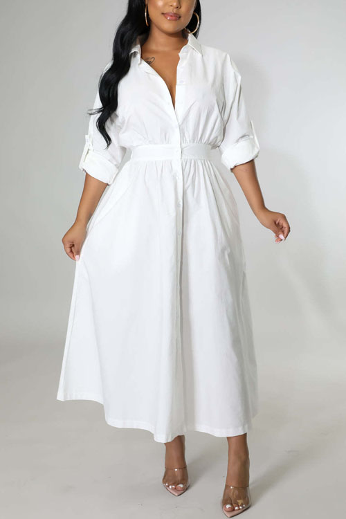 Nonnadress Shirt-Style Elastic Waist Loose Long Dress