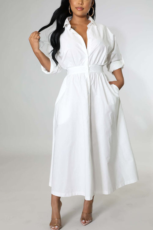 Nonnadress Shirt-Style Elastic Waist Loose Long Dress
