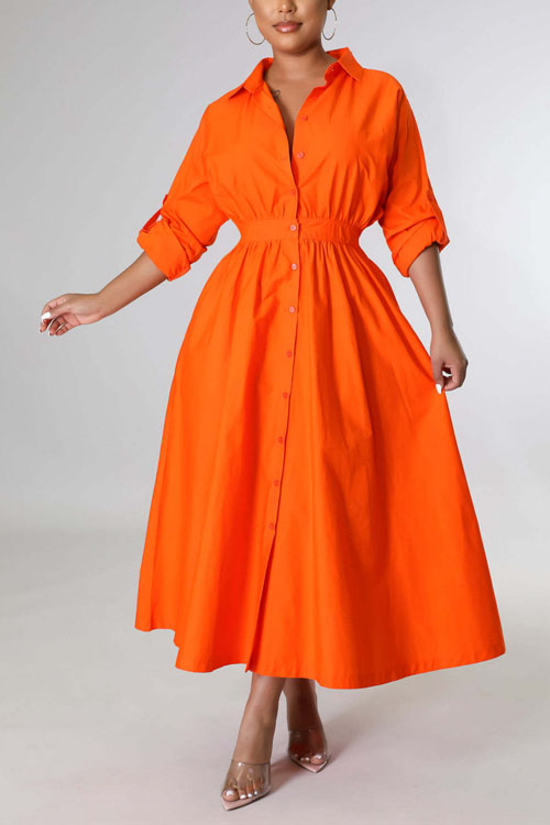 Nonnadress Shirt-Style Elastic Waist Loose Long Dress