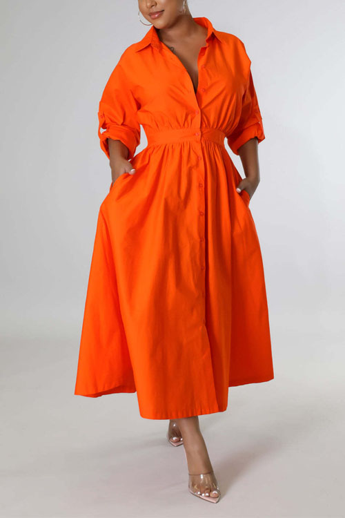 Nonnadress Shirt-Style Elastic Waist Loose Long Dress