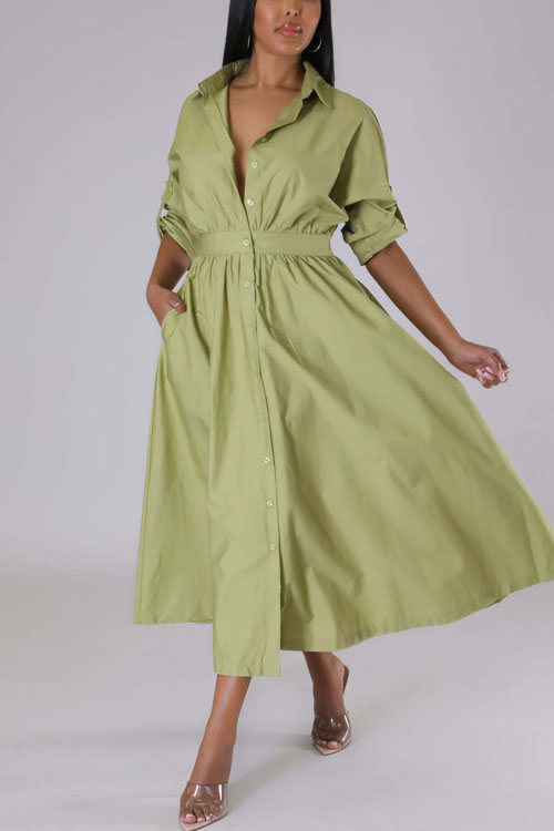 Nonnadress Shirt-Style Elastic Waist Loose Long Dress