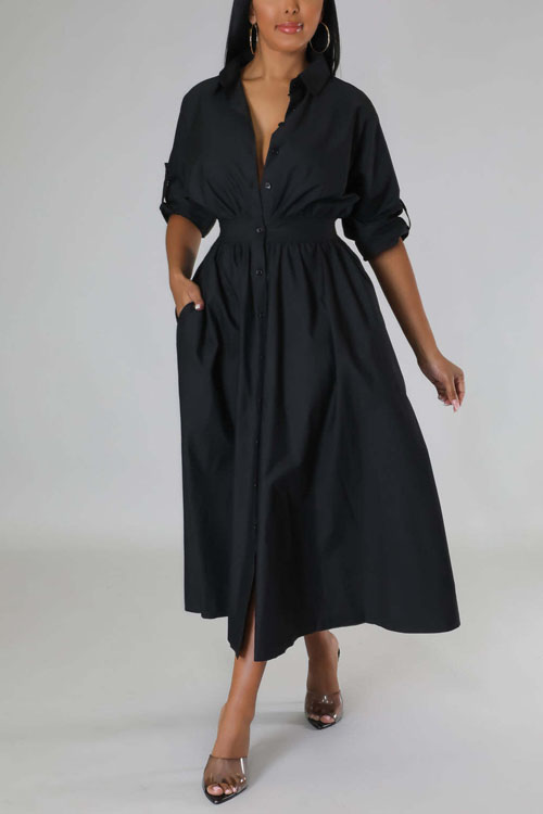 Nonnadress Shirt-Style Elastic Waist Loose Long Dress
