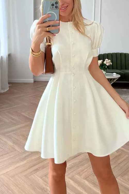 Nonnadress Bubble Sleeve Short Sleeve Pleated Waist Pearl Button A-line Midi Dress