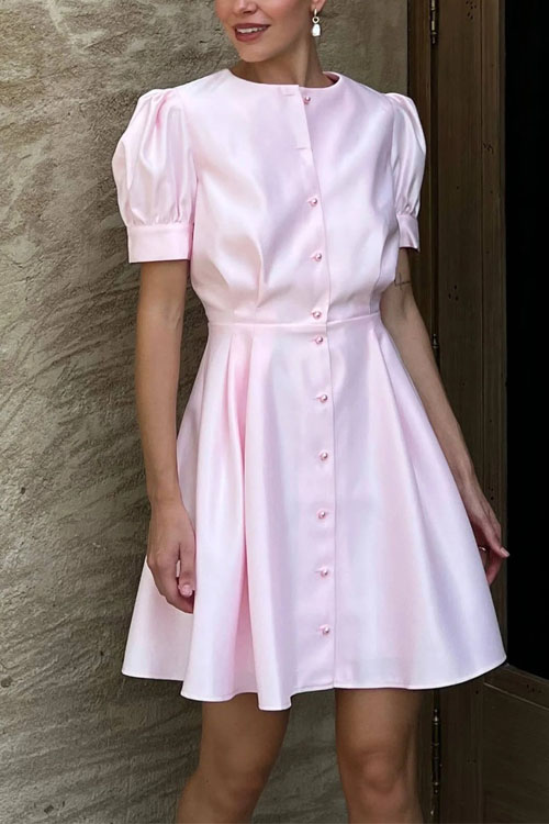 Nonnadress Bubble Sleeve Short Sleeve Pleated Waist Pearl Button A-line Midi Dress