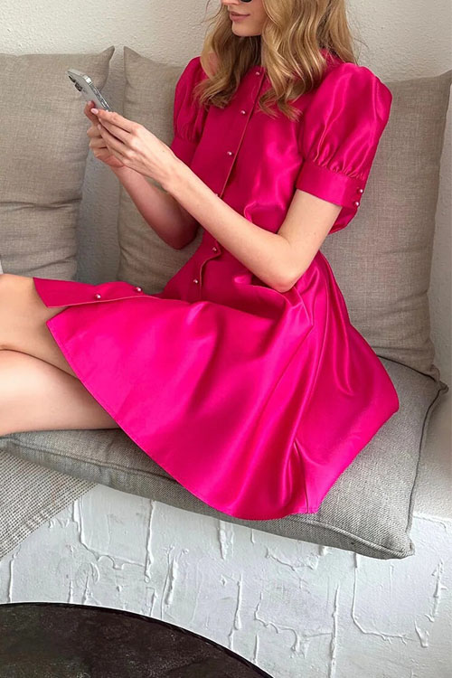 Nonnadress Bubble Sleeve Short Sleeve Pleated Waist Pearl Button A-line Midi Dress