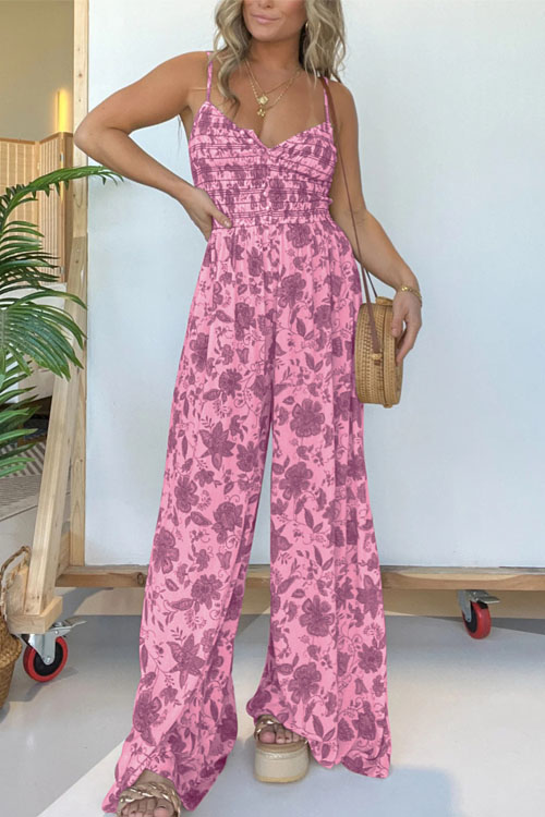 Nonnadress Floral Print Spaghetti Strap Wide Leg Jumpsuit