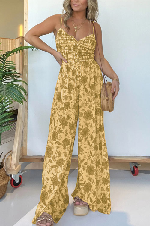Nonnadress Floral Print Spaghetti Strap Wide Leg Jumpsuit